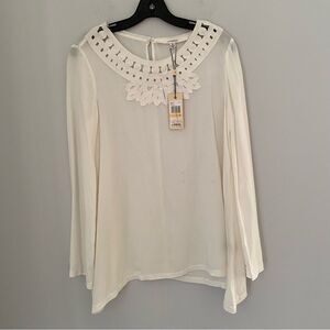 Studio M Women’s Long Sleeve Sheer Cream Color Embroidered Neck Blouse size S
